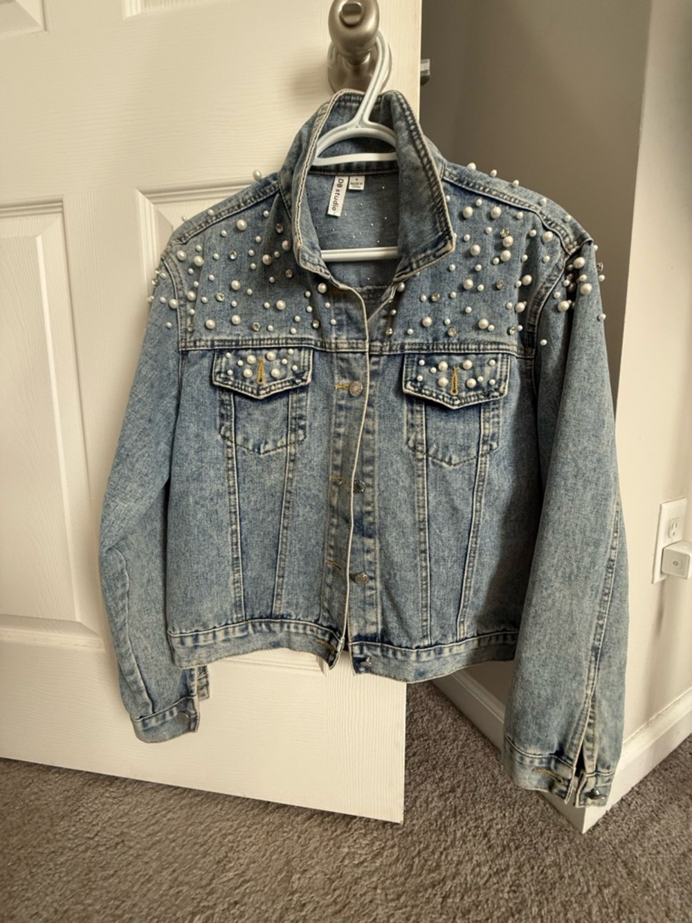 Pearl-Embellished Light Blue Denim Jacket